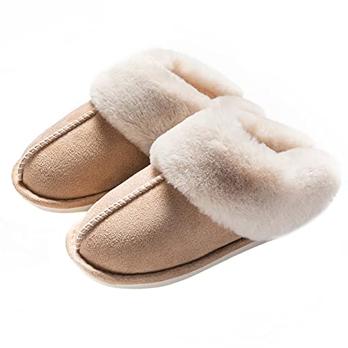 Women's Fur Slippers Slip on Fluffy Warm Soft House Slippers, House Shoes by WATMAID, Khaki, 8-9 B(M) US Women's Fur Slippers Slip on Fluffy Warm Soft House Slippers, House Shoes by WATMAID, Khaki, 8-9 B(M) US