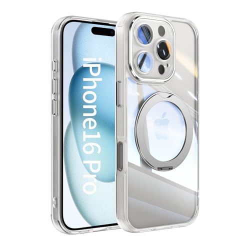 【360° Rotatable Magnetic Ring Stand】 Case for iPhone 16 Pro 【MagSafe Compatible】 No-Yellow Crystal Clear Shockproof Anti-Scratch Slim Fit Protective Kickstand Phone Cover with Ring Holder - White by Aucase - Used condition - CA$14.41