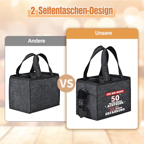 Alishomtll Geschenk zum 50 Geburtstag Flaschentasche für Männer, Filz Männerhandtasche Bier 6 Flaschen, Bierfest Vatertag Herrenhandtasche mit Flaschenöffner, Bier Socken, Flaschenverschluss, Grau