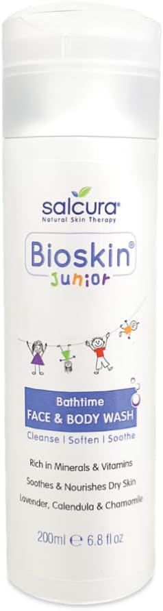 Salcura Natural Skin Therapy, Bioskin Junior Face & Body Wash, Low-Foamy Wash Will Hydrate, Nourish & Support The Severely Dry Skin When Showering Or Bathing, Lavender & Calendula 200ml