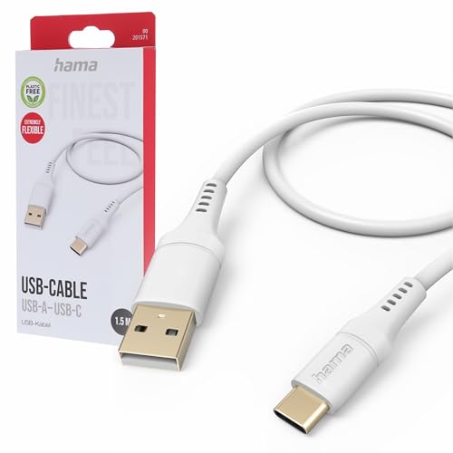 Hama Ladekabel „Flexible“ USB A auf USB C, Silikon, 1,5m (Schnellladung, Handy Ladekabel, Datenkabel, USB Kabel, Handykabel, USB Typ A Typ C, Knickschutz, flexibel, vergoldet, maximal kompatibel) weiß