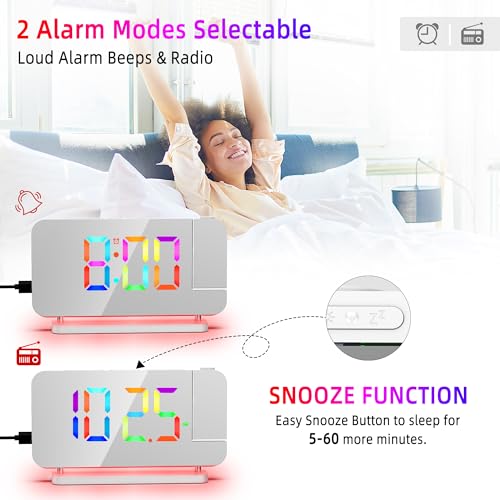 Lancoon Digital Alarm Clock with 180° Projection Radio Clock 11 RGB Color Display 10 Color Night Light 15 Level Volume USB A/C Charging Port Snooze White by Lancoon - Image 6