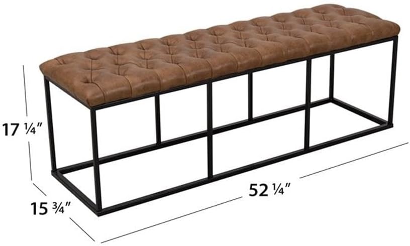 Pemberly Row Modern Faux Leather Bench, 52.25 in Wide, Button Tufted Brown Upholstery, Metal Frame, Semi-Firm Cushion, Industrial Style Entryway, Bedroom or Dining Room Seating