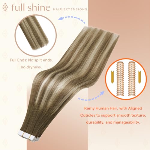 Image of Full Shine Hair Extensions Tape in, Ash Brown Blonde Ombre 20 Inch | 50g 20PCS, Invisible Remy Human Hair Tape in Extensions, Straight Remy Finish Soft Silky Medium Brown Blonde Look