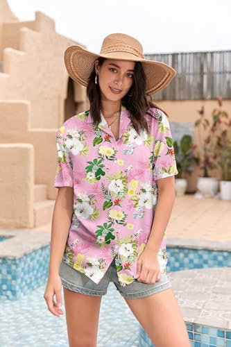 Image of SANGTREE Girls & Women's Hawaiian Shirts Button Down Short Sleeve Floral Tropical Shirt Beach Vacation Blouse Tops