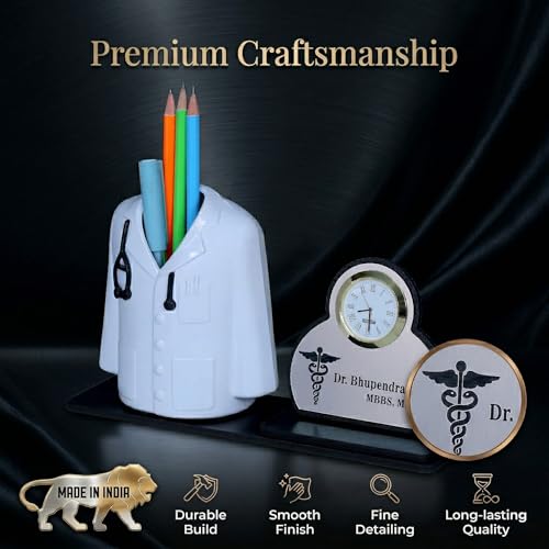 Image of Premium Apron /Coat Shape Pencil Holder for Clinic and Office Desk with clock | personalized gift for doctor Pen Stand | The best gift for doctors female, male & Medical Aspirants