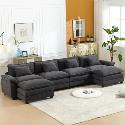 Image of Oprisen 154 inch Modular Sectional Sofa, Comfy Cloud Couch Sectional Sofa with Ottoman, Velvet Sofa Sleeper Deep Seat Sofa with Throw Pillows for Living Room (Blue Gray, 154 inch- U Shape)