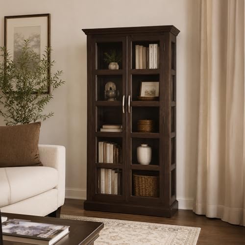 Image of The Attic Havenwood Wooden Bookshelf and Crockery Cabinet with Glass Door | Wooden Book Rack for Home Library, Study Room | Bookshelf Crockery Unit for Home & Kitchen Living Room | Walnut Finish