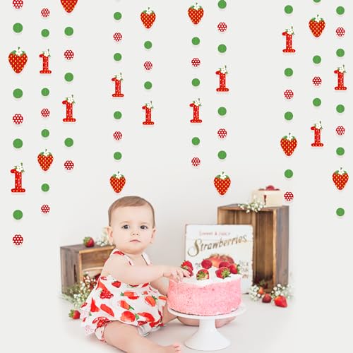 Image of pinkblume Strawberry 1st Birthday Party Decorations Sweet Strawberry Fruit Theme Circle Dot Garland One Berry First Birthday Polka Dots Streamer for Girl Happy 1st Year Decorations Supplies