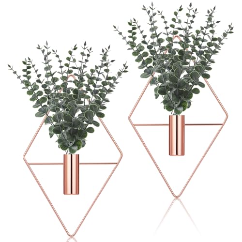 Jexine 4 Pcs Hanging Planters with Artificial Eucalyptus Metal Hanging Vase Indoor Plants Holder Modern Geometric Boho Bathroom Wall Decor for Living Room Home Office (Eucalyptus Rose Gold)