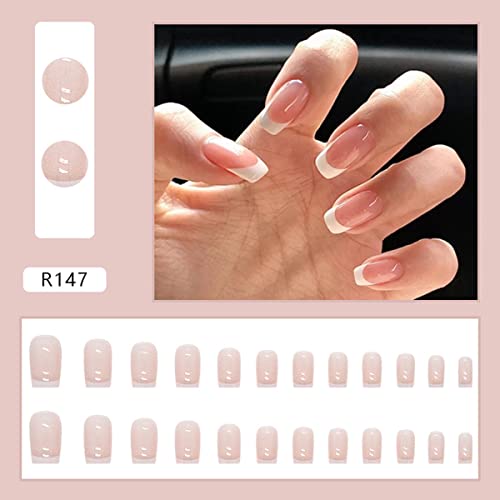 24Pcs Press On Nails Short French Fake Nails Glue On Nails Glossy Coffin Acrylic Nails Nude Pink French Tips Nails False Nails With Glue Square Head Full Covers Stick On Nails For Women And Girls #TOP1