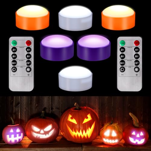 Image of Riakrum 6 Pieces Halloween Remote Timer LED Lights with Remote Summer Halloween LED Pumpkin Lights Battery Operated Lantern Bright Flameless Candle(White, Orange, Purple)