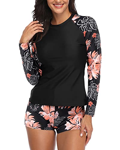 Image of Daci Women Two Piece Rash Guard Long Sleeve Swimsuits UV UPF 50+ Swim Shirt Bathing Suit with Boyshort Bottom