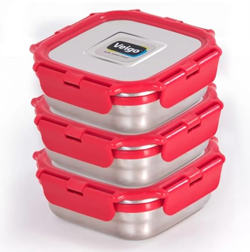 Image of Veigo Original Set Pack of 3 Stainless Steel Airtight & Leakproof Medium Lunch Box with Silicon Ring & Polymer Frame for Re-Heating|Safe Lid Lock|Square (330ML) Red