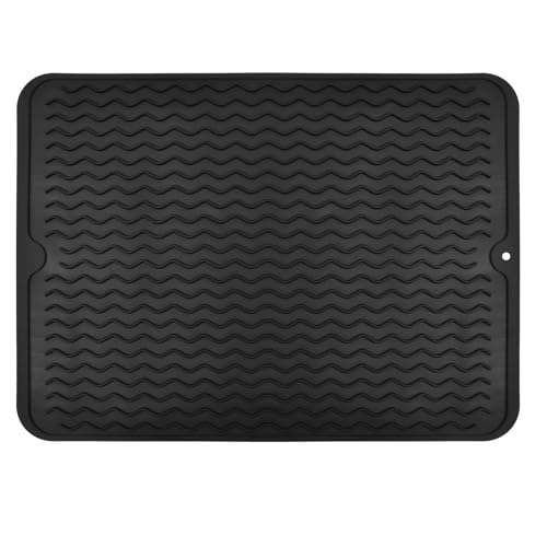Tibapla 40x30 cm Tapis D'égouttage en Silicone, Égouttoir à Vaisselle Pliable Tapis de Séchage Vaisselle en Silicone Résistant à la Chaleur et Antidérapant Tapis égouttoir pour Cuisine (Noir)