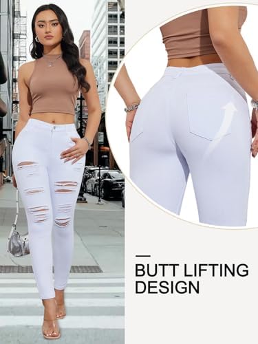LONGBIDA Skinny Ripped Jeans for Women High Waisted Stretch Butt Lifting Jeans Slim Fit Distressed Denim Pants Jeggings Jeans