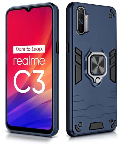 Image of WOW IMAGINE Shock Proof Back Case Mobile Cover for Realme C3 (Armor | Hybrid PC + TPU | Full Protection with Ring Holder Kickstand | Carbon Blue)