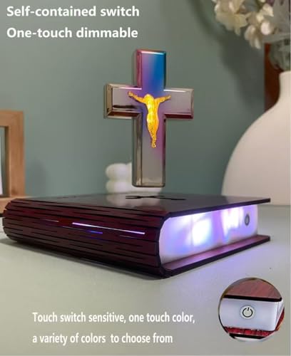 Image of Levitating Cross Lamp Floating Jesus & Bible Night Light Colorful Magnetic Levitation Cross Ornament Glowing Cross Light Home Desk Decoration