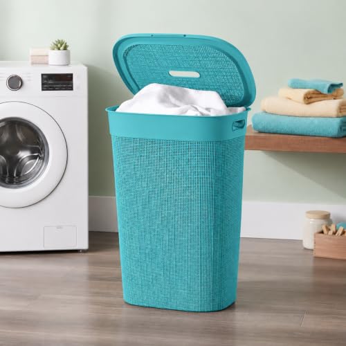Image of KITCHIVO Plastic Large 55 Ltr Laundry Basket with Lid & Handle | Multipurpose Hamper Bins Storing Washable Clothes, Blankets | Household Ideal for Home & Bathroom (Woods Firoza)