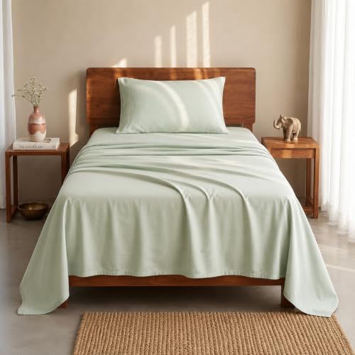 Image of LANE LINEN 100% Organic Cotton Bedsheet for Single Bed - Mineral | GOTS Certified, Percale Weave, 60x90 inches, Soft & Breathable, Machine Washable, Includes 1 Pillow Cover