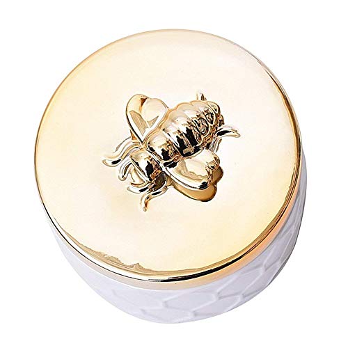 Yarrkc Ceramics Jewelry Storage Tank, Small Jewelry Box Jewelry Holder Simple Storage Tank Dresser Ornaments with Golden Bee Lid, Round