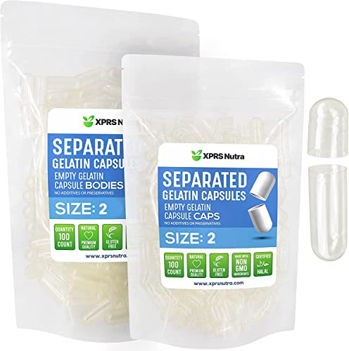 XPRS Nutra Gelatin Size 2 Separated Capsules – 100 Count Empty Capsules Separated in Bags – Size 2 Clear Gelatin Capsules – Empty Gelatin Capsules for DIY Supplement Filling