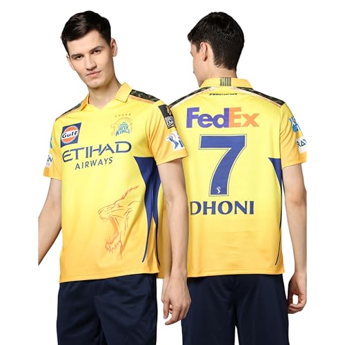 Image of playR x Chennai Super Kings Original Fan Jersey IPL 2025 - Adult Dhoni 7 Half Sleeve CSK Cricket T-Shirt, Regular Fit Sportswear Tee for Training, Outdoor & Match Day Activewear for All Season