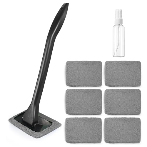 6PCS Windshield Cleaning Tool Car Window Cleaner with 5 Reusable and Washable Microfiber Pads and Extendable Handle Auto Inside Glass Wiper Kit Green (Gray)
