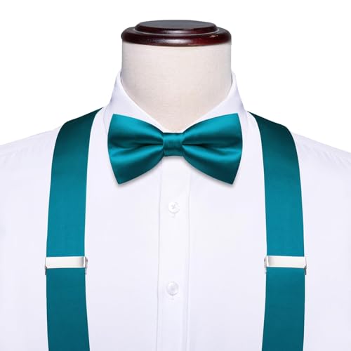 Image of Hi-Tie Men Suspender Bowtie Set Suspenders Pre-tied Bow Tie Pocket Square Cufflinks Adjustable Y Shape 6 Clips Braces Tuxedo