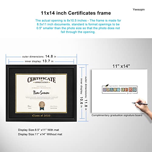 Yesssopin Black 11X14 Certificates Frame, Graduation Signature Board Picture Frame, Displays 8.5X11 Diploma Frames With Mat Or 11X14 Without Mat, For Document, College, Degree Holder(Double Mat, Black With Gold Rim) #TOP2