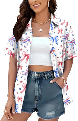 Image of American Flag Shirt for Women 4th of July USA Button Up Tops Summer Hawaii Floral Patriotic Stripes Graphic Tee