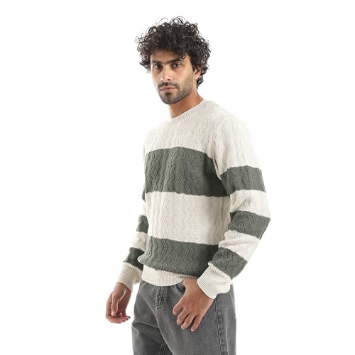 Andora Long Sleeves striped Round Neck Sweater_ olive_ 5XL