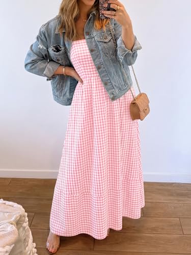 Image of Caracilia Womens Maxi Dresses Gingham Spaghetti Strap Back Smocked Flowy Long Sundress Summer Beach Vacation Clothes 2026