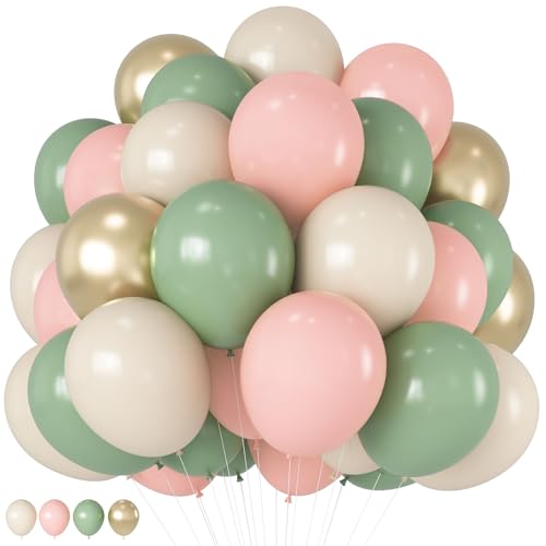 Image of HILAVO Sage Green Pink Balloons 12 Inch Olive Green Pastel Pink Ivory Metallic Gold Latex Balloon for Boho Baby in Bloom Fairy Floral Wildflower Tea Safari Jungle Baby Shower Birthday Party Decoration