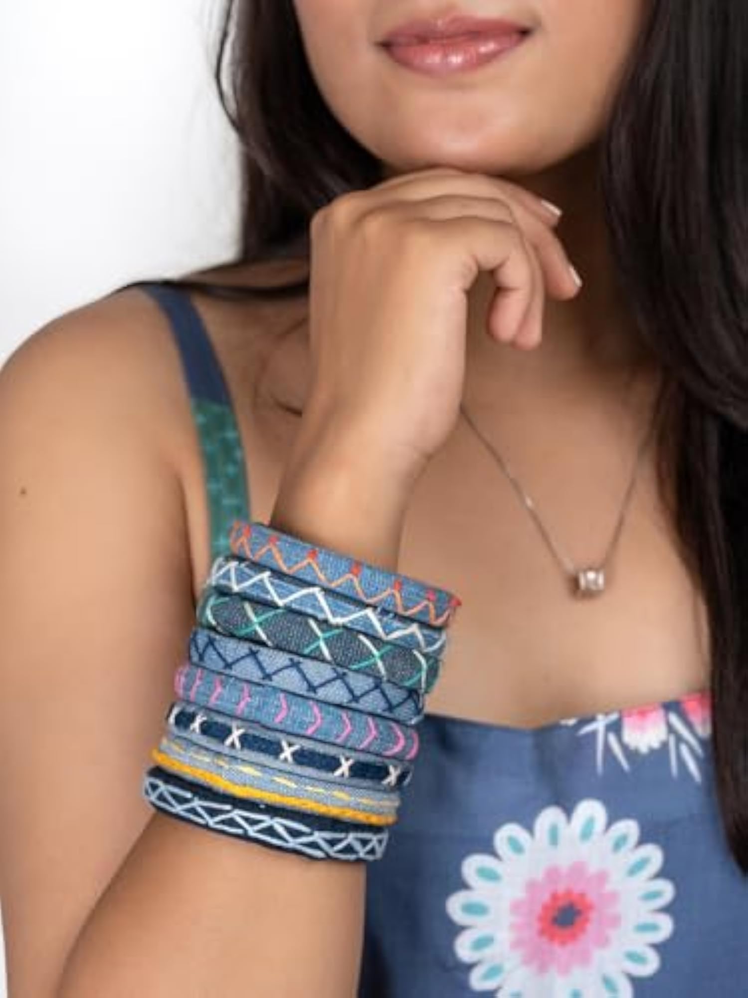 8pc Colourful Kantha Work Denim Bangles Set for Women & Girls