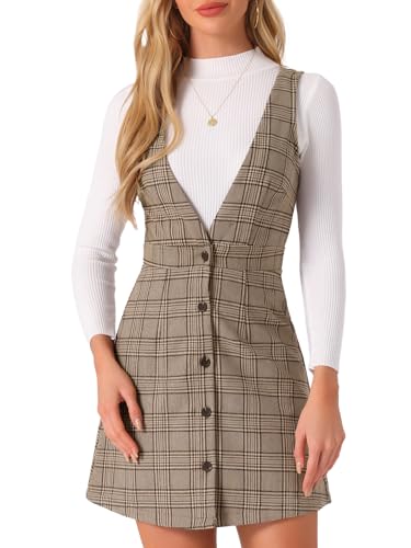 Image of Allegra K Women Fall Halloween Plaid Sleeveless Deep V A-Line Overall Dress