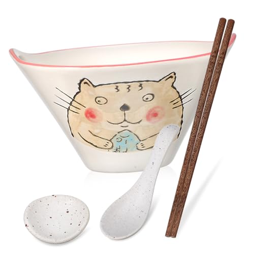 MUCKLILY 寸双孔猫碗 深皿 ラーメン用スープボウル 食洗機対応 製 木製箸 箸置き付き 食卓を彩る実用的デザイン