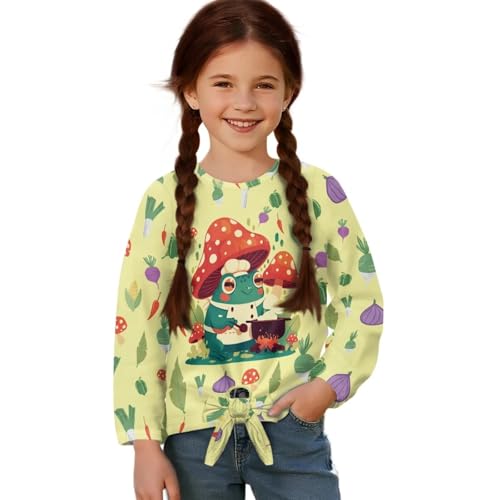 Girls Casual Tops Long Sleeve Comfy Crewneck Pullover Shirts Tops with Tie Hem Stretch Blouses 5-12 Years - Main Image