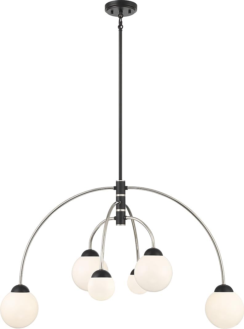 Meridian M100114MBKNB White Glass Chandelier, LED 6-Light 240 Total Watts, 22" H x 38" W, Matte Black with Natural Brass