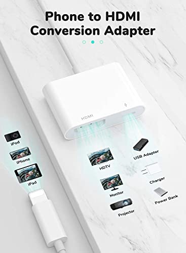 [Apple Mfi Certified] Iphone To Hdmi, Lightning To Av Adapter 1080P Hd Video Hdmi Sync Screen Connector Cable With Charging Port Compatible With Iphone/Ipad On Hdtv/Projector/Monitor #TOP4