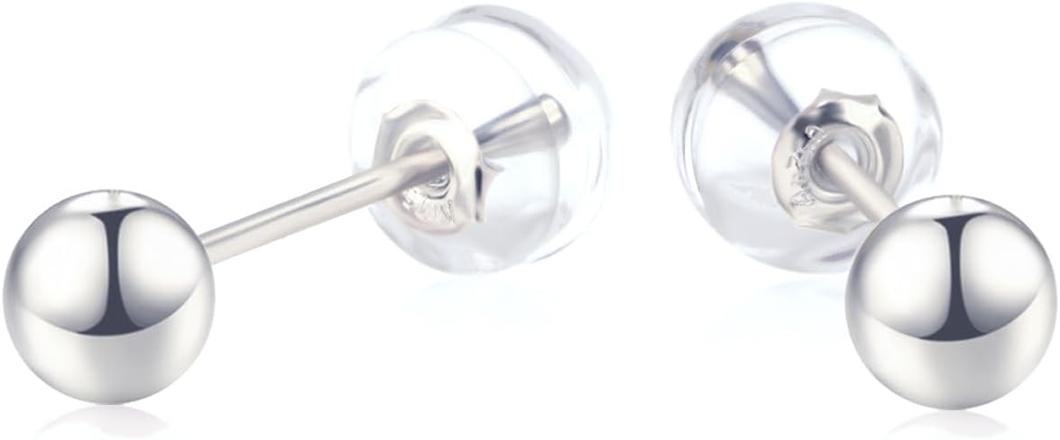 18K White Gold Ball Earrings Stud for Ladies, 18kt Gold Earrings Gift for Women (5mm)