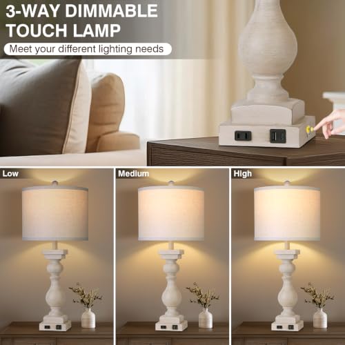 MOUVOVO 28" Tall Farmhouse Table Lamps Set of 2 with USB A+C Ports and AC Outlet, 3 Way Touch Rustic Bedside Lamps for Living Room, Beige Vintage Lamps for Bedroom by MOUVOVO - Used condition - Image 2