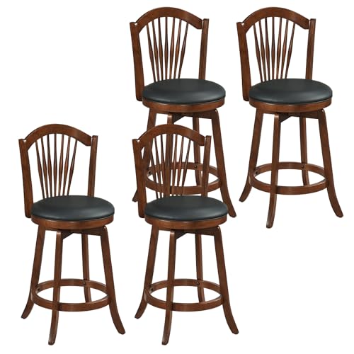 COSTWAY Swivel Bar Stools Set of 4, 25 Inch Counter Height Barstools with Backrests and Wood Frame, Upholstered Bar Chairs for Kitchen Island and Dining Room (4,25 Inch)