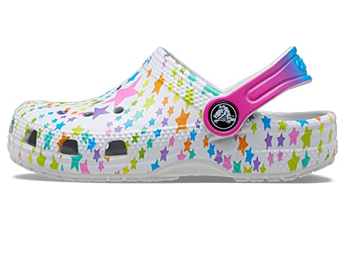 Image of Crocs Kids Classic Clog Seasonal Graphic for Toddler - Thermoplastic Upper with Jibbitz Charms, and Pivoting Heel Strap Shimmer /Multi Disco Party 4 Toddler M