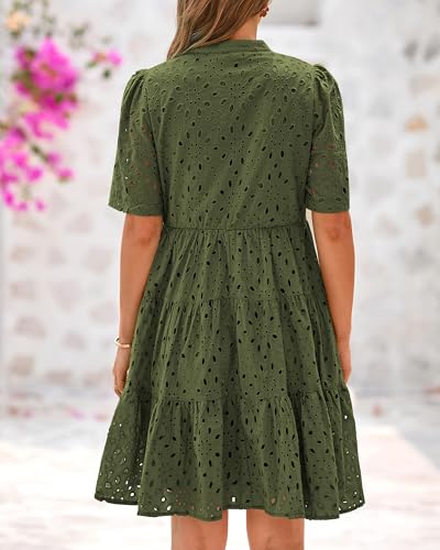 Image of BTFBM Womens Boho Summer Dresses 2026 Spring V Neck Short Sleeve Hollow Out Lace Ruffle Casual Beach Mini Vacation Dress
