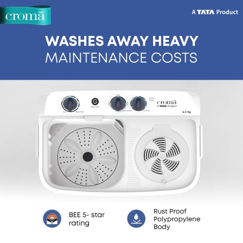 Image of Croma 6.5 kg 5 Star Semi Automatic Top Load Washing Machine with 2 Years Comprehensive Warranty (CRLW065SMF202351, Blue)