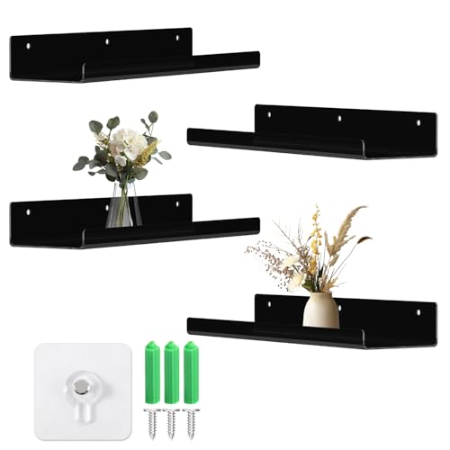 Ayuanb 4er Wandregal Schwarz, Acryl Schweberegal Regal, Regal für Wand, 38cm Raumdeko Hängeregale für Die Wand, Küchenregal Wandregal Ohne Bohren für Wohnzimmer, Arbeitszimmer, Badezimmer, Küche