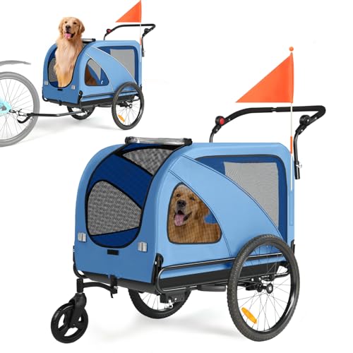 Sepnine Dog Bike Trailer, Supports up to 110 lbs, 2-in-1 Pet Stroller Cart Bicycle Carrier, Easy Folding Cart Frame with Quick Release Wheels, Universal Bicycle Coupler, Non-Slip Floor, Internal Leash