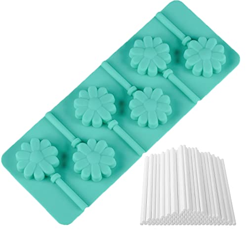 WishesMar Moldes de Silicone de 6 Cavidades para Piruletas Cake Pop Forma de Ranura de Flor Viene con 50 Palitos de cartón - Antiadherente Molde de Forma Especial para Lollipop, Chocolate, Caramelo