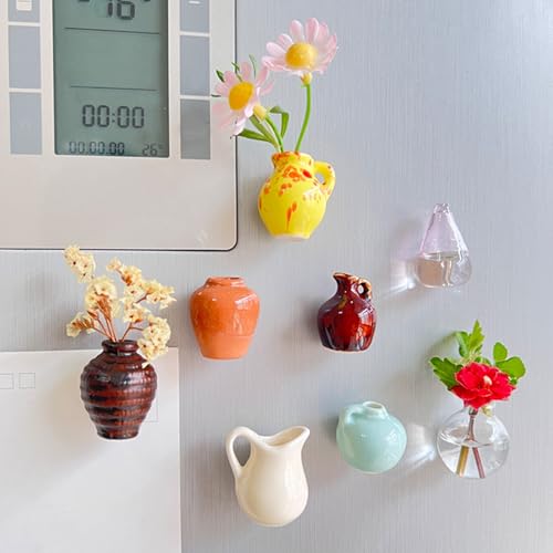 Image of 8PCS Cute Mini Ceramic Vase Magnets for Fridge, Mini Bud Vases Magnetic, Tiny 3D Plant Vase for Refrigerator Decoration Kitchen Locker Kitchen Office